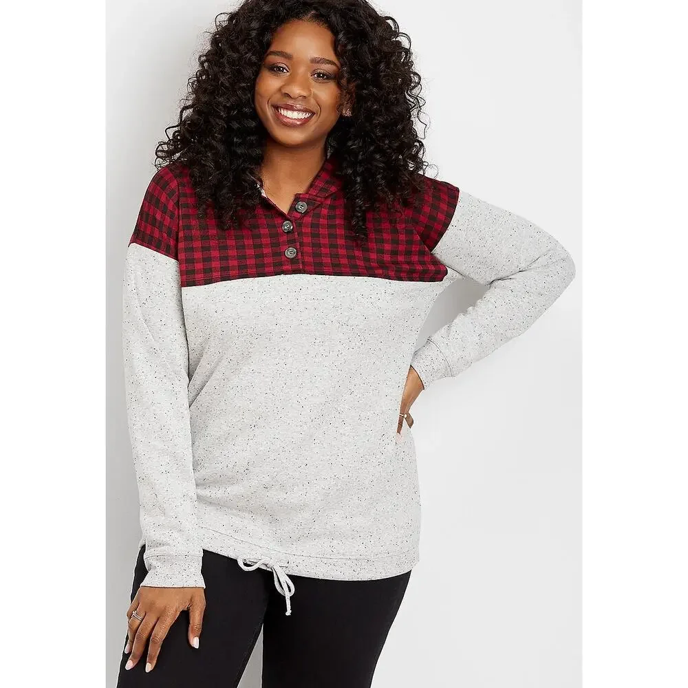 Maurices Gray Red & Black Plaid Soft Cozy Pullover Hoodie Size Plus 14W 0 New - Picture 1 of 13